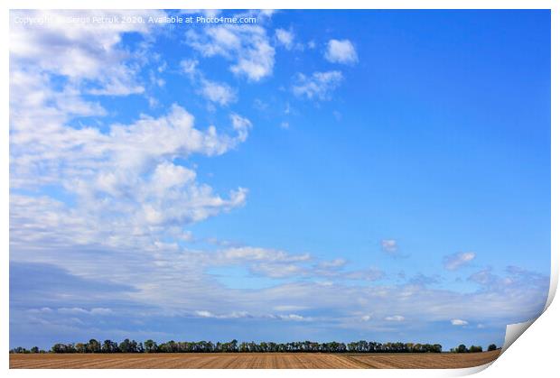 Large white clouds float in the blue sky above the horizon of the field and forest belt. Print by Sergii Petruk