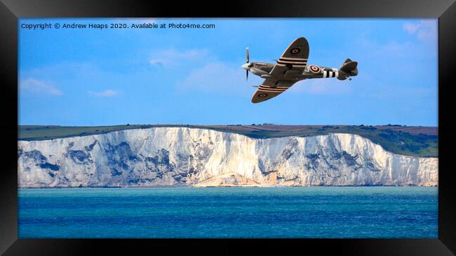 Spitfire plane flying by Dover Cliffs. Framed Print by Andrew Heaps