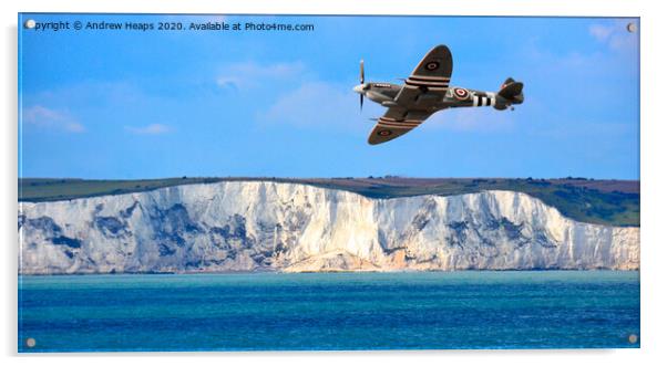 Spitfire plane flying by Dover Cliffs. Acrylic by Andrew Heaps
