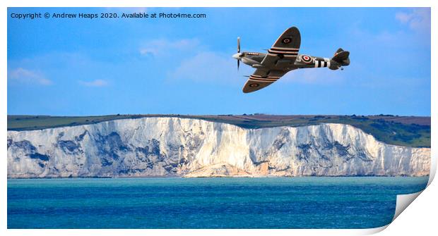Spitfire plane flying by Dover Cliffs. Print by Andrew Heaps