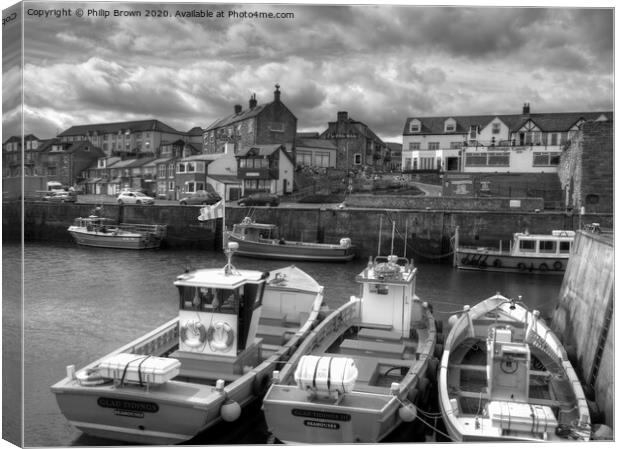 Seahouses Harbour and Boats, Northumberland, B&W Canvas Print by Philip Brown