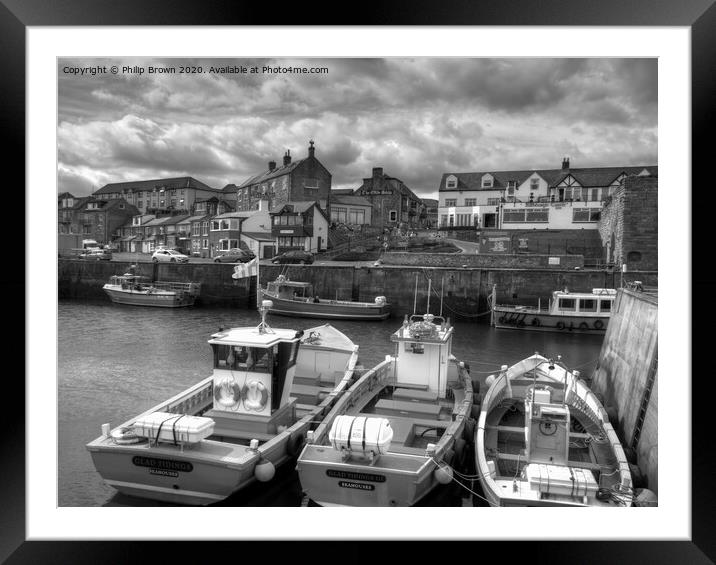Seahouses Harbour and Boats, Northumberland, B&W Framed Mounted Print by Philip Brown