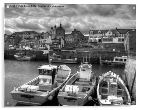 Seahouses Harbour and Boats, Northumberland, B&W Acrylic by Philip Brown
