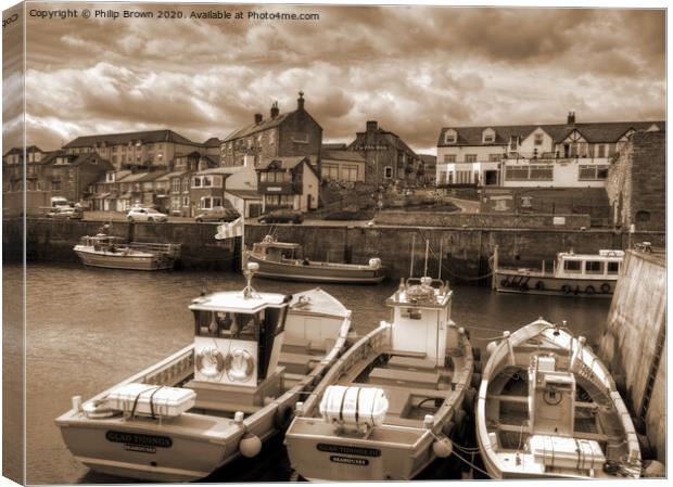 Seahouses Harbour and Boats, Northumberland, Sepia Canvas Print by Philip Brown