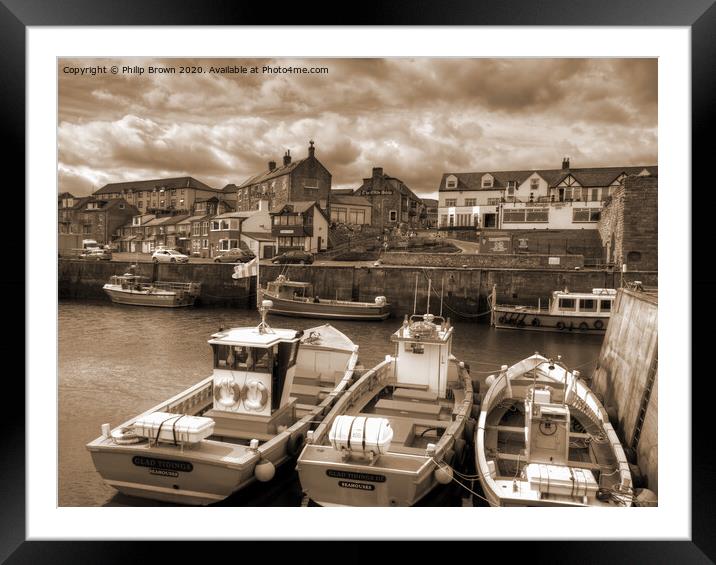 Seahouses Harbour and Boats, Northumberland, Sepia Framed Mounted Print by Philip Brown