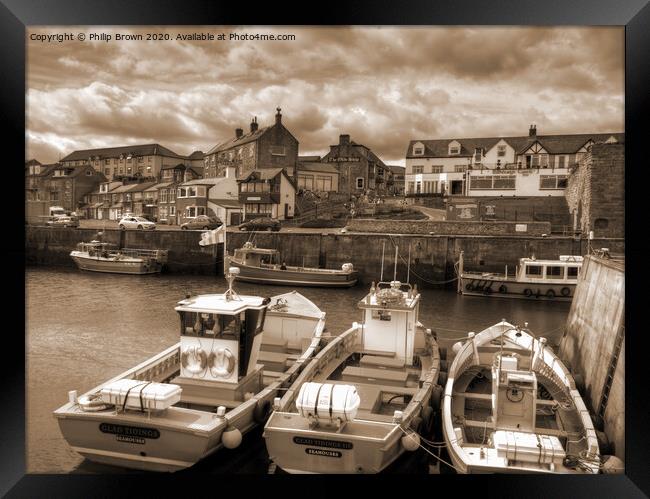 Seahouses Harbour and Boats, Northumberland, Sepia Framed Print by Philip Brown