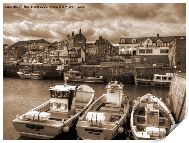 Seahouses Harbour and Boats, Northumberland, Sepia Print by Philip Brown