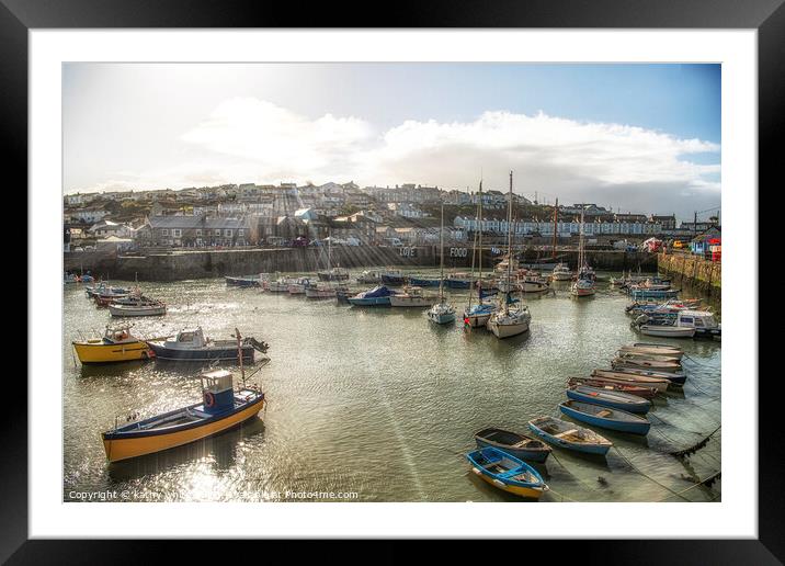  Porthleven Cornwall  with boats in the harbour Framed Mounted Print by kathy white