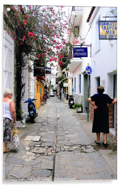Back street in Skiathos town at Skiathos Island in Greece. Acrylic by john hill