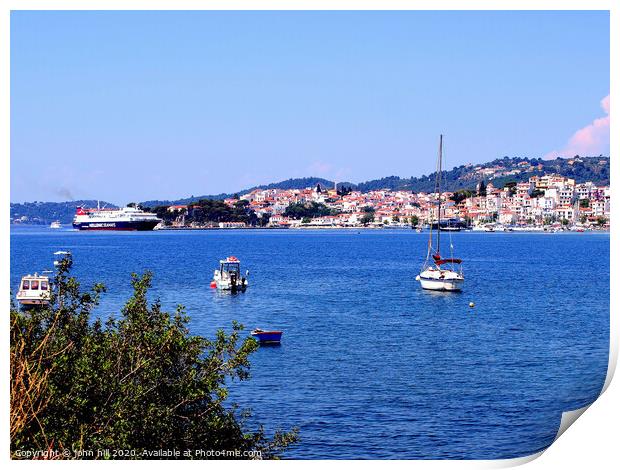 Skiathos town from across the bay on Skiathos Island in Greece. Print by john hill