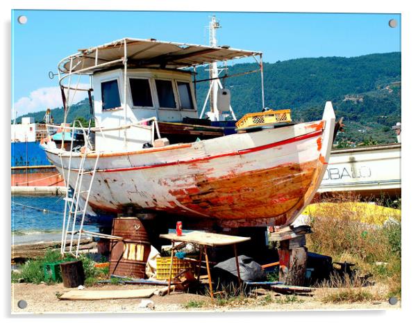 Greek fishing boat having service in Dry dock. Acrylic by john hill