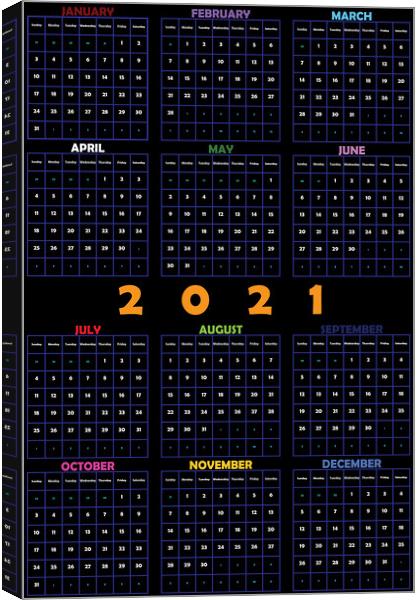 2021 Annual Planner Calendar on black editable space Canvas Print by Adrian Bud