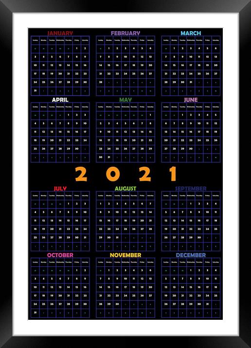 2021 Annual Planner Calendar on black editable space Framed Mounted Print by Adrian Bud