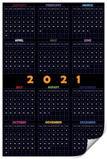 2021 Annual Planner Calendar on black editable space Print by Adrian Bud