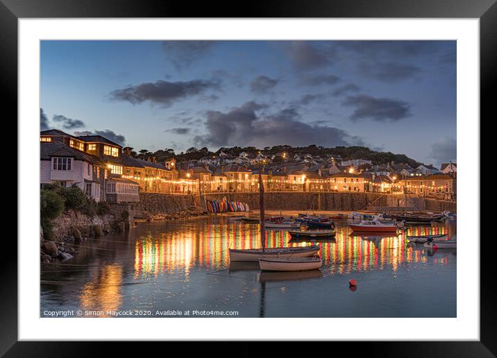 Mousehole harbour reflections at night Framed Mounted Print by Simon Maycock