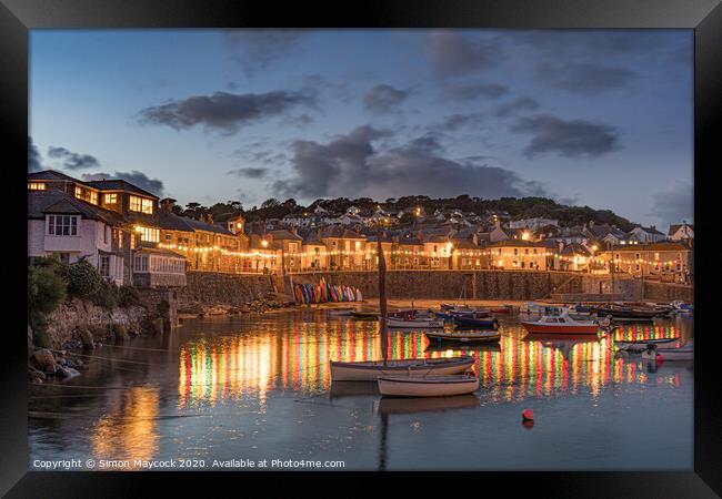 Mousehole harbour reflections at night Framed Print by Simon Maycock