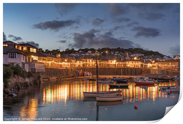 Mousehole harbour reflections at night Print by Simon Maycock