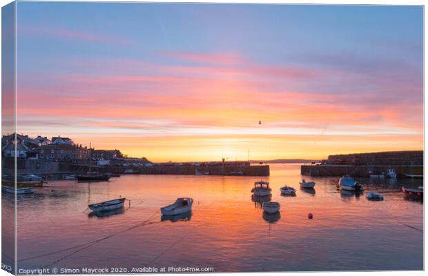 Mousehole sunrise looking out to sea Canvas Print by Simon Maycock