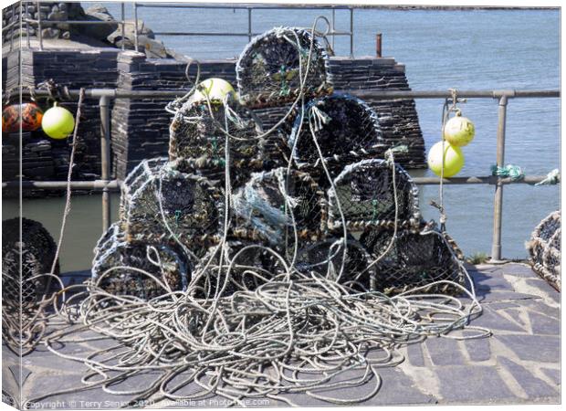 Crab Pots Stacked on Shell Island North Wales Canvas Print by Terry Senior