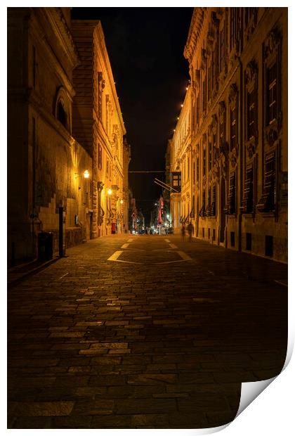 Street in Valletta City by Night in Malta Print by Artur Bogacki