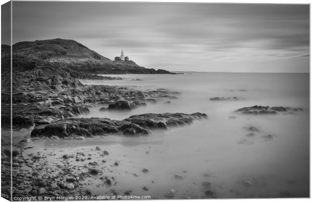 Mumbles lighthouse viewed from Bracelet bay, black and white Canvas Print by Bryn Morgan