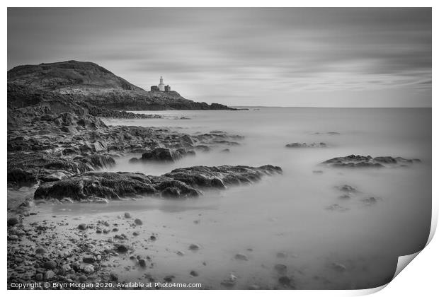 Mumbles lighthouse viewed from Bracelet bay, black and white Print by Bryn Morgan