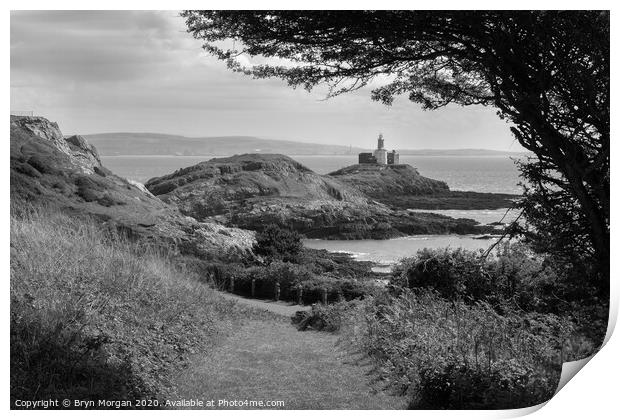 Mumbles lighthouse, black and white Print by Bryn Morgan
