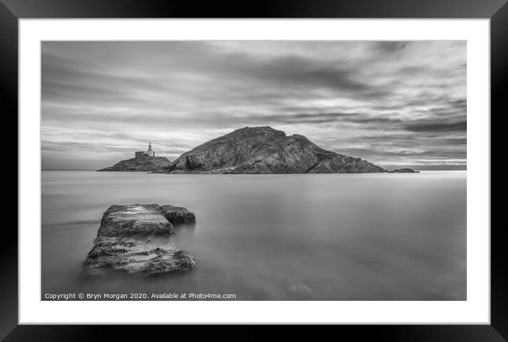 Mumbles lighthouse, black and white Framed Mounted Print by Bryn Morgan