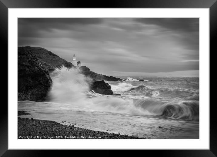 Mumbles lighthouse viewed from Bracelet bay, black and white Framed Mounted Print by Bryn Morgan