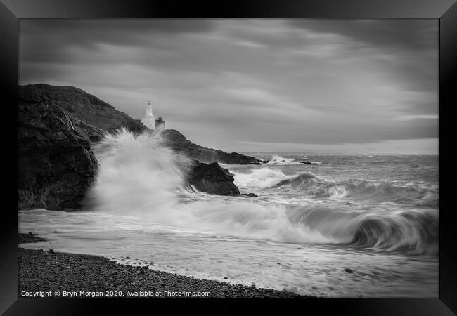 Mumbles lighthouse viewed from Bracelet bay, black and white Framed Print by Bryn Morgan