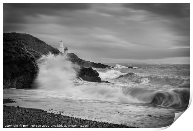Mumbles lighthouse viewed from Bracelet bay, black and white Print by Bryn Morgan