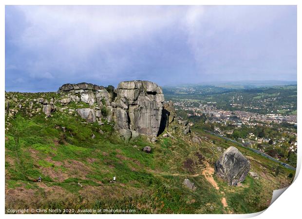 The Cow and Calf rocks and Ilkley town. Print by Chris North