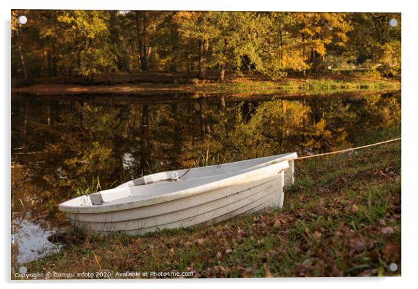 two boats in a pond with autumn colors Acrylic by Chris Willemsen