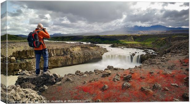 Landscape Photographer Capturing an Image of Thjofafoss Waterfall with Hekla Volcano on Top, Iceland Canvas Print by Pere Sanz