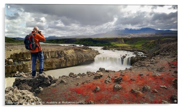 Landscape Photographer Capturing an Image of Thjofafoss Waterfall with Hekla Volcano on Top, Iceland Acrylic by Pere Sanz
