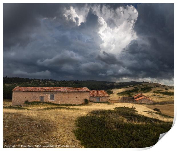 Dramatic Stormy Clouds over Abandoned Rural Houses Print by Pere Sanz