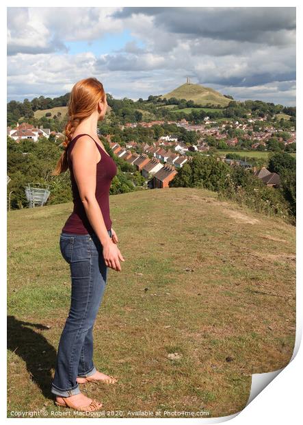 Admiring the view of Glastonbury Tor from Wearyall Print by Robert MacDowall