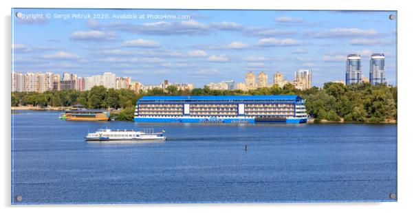 Landscape: pleasure ships go along the Dnipro River against the background of residential areas of Kyiv on the banks in bright sunlight. Acrylic by Sergii Petruk