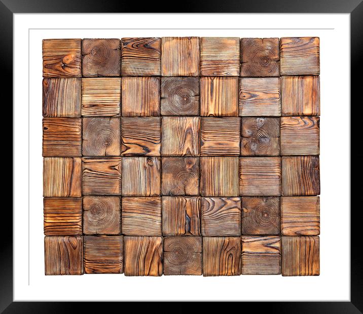 Beautiful mosaic made of various square textures of old wood, isolated on a white background. Framed Mounted Print by Sergii Petruk