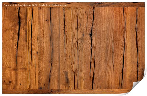 Texture and background of very old cracked brown wood after protective treatment. Print by Sergii Petruk