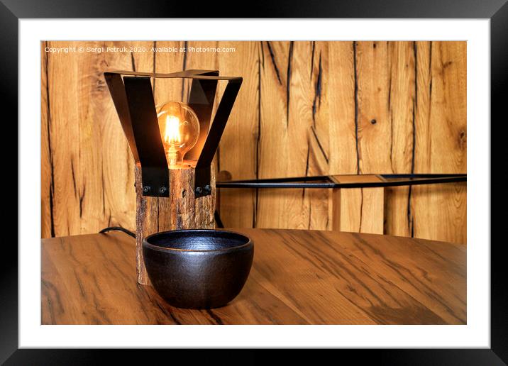Beautiful warm still life of old wood in the form of a table lamp and a clay bowl. Framed Mounted Print by Sergii Petruk