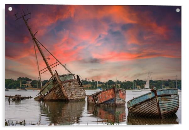 Nostalgic Sunset on Abandoned Boats Acrylic by Kevin Snelling