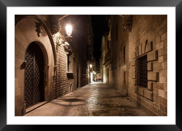 Street in Gothic Quarter of Barcelona at Night Framed Mounted Print by Artur Bogacki