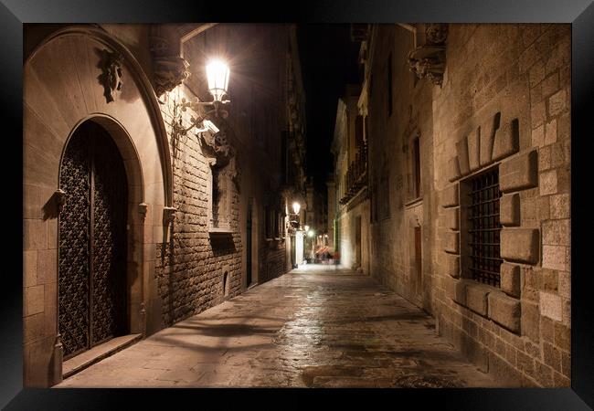 Street in Gothic Quarter of Barcelona at Night Framed Print by Artur Bogacki