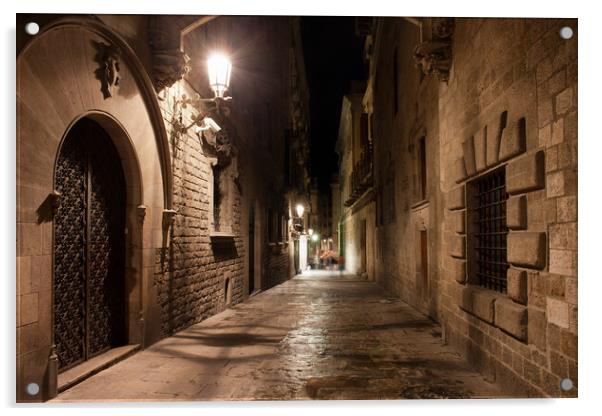 Street in Gothic Quarter of Barcelona at Night Acrylic by Artur Bogacki