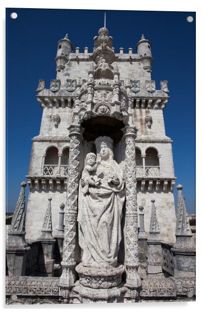 Statue of St. Mary and Child at Belem Tower in Portugal Acrylic by Artur Bogacki