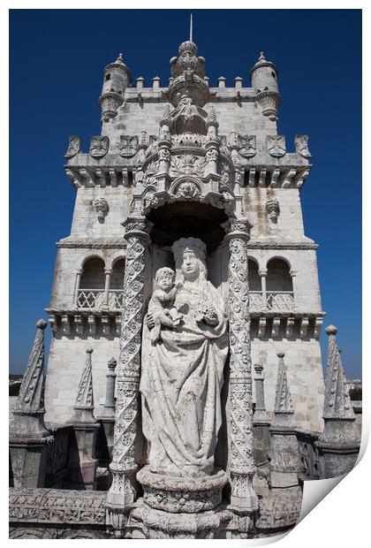 Statue of St. Mary and Child at Belem Tower in Portugal Print by Artur Bogacki