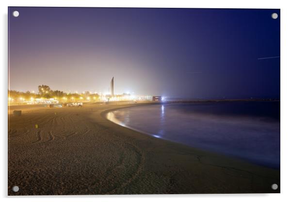 Icaria Beach in Barcelona at Night Acrylic by Artur Bogacki