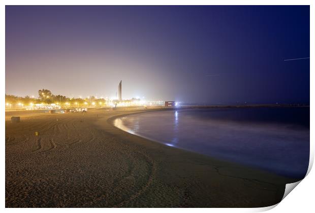 Icaria Beach in Barcelona at Night Print by Artur Bogacki