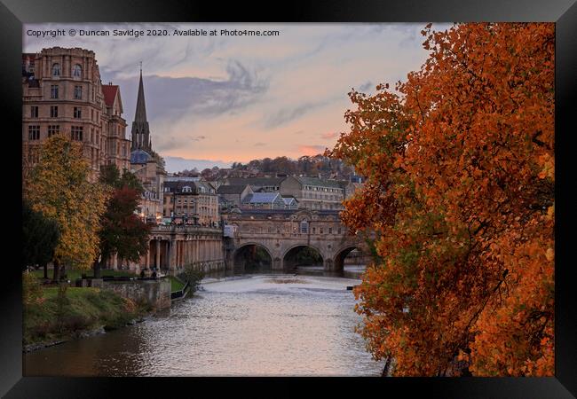 Beautiful Autumn Colours at the end of the day at Pulteney Weir Bath Framed Print by Duncan Savidge